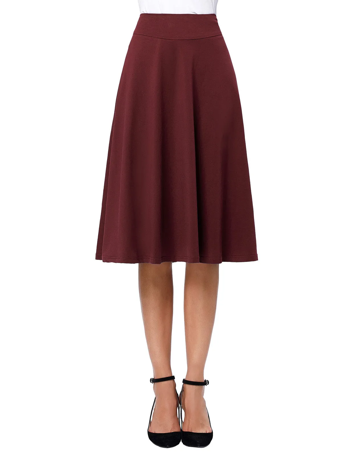 Stretchy Cotton High Waist A-line Flared Skirt Midi Skirt