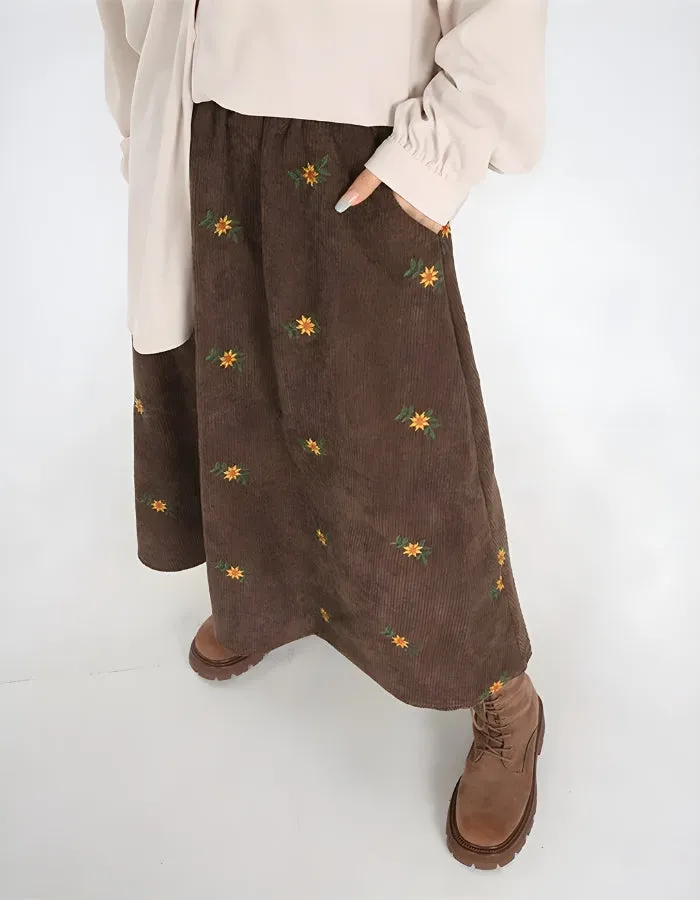 Sunflower Embroidered Corduroy Maxi Skirt