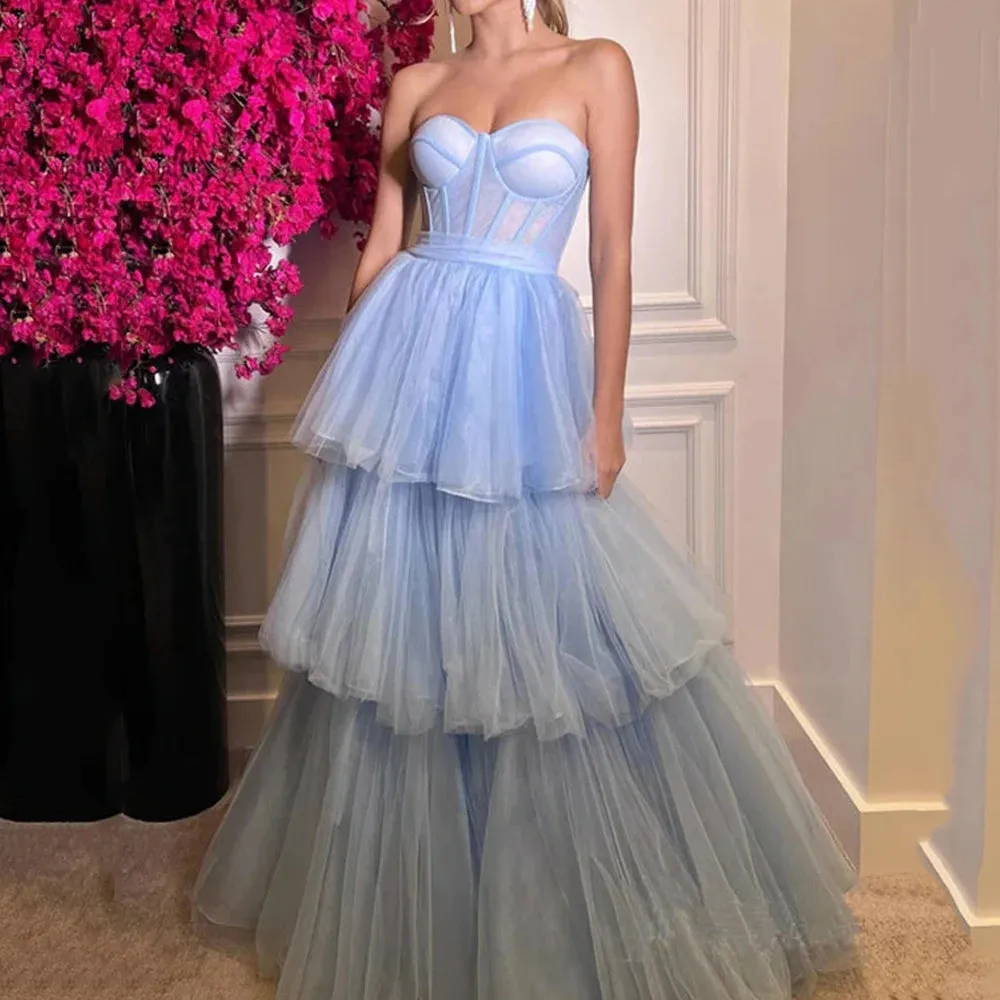 TAVIMART  -  Elegant Light Blue Prom Dress Ruched Tiered Tulle Sweethearts Evening Gowns Party Graduation Dresses Vestido De Noche