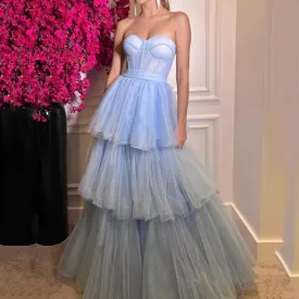 TAVIMART  -  Elegant Light Blue Prom Dress Ruched Tiered Tulle Sweethearts Evening Gowns Party Graduation Dresses Vestido De Noche