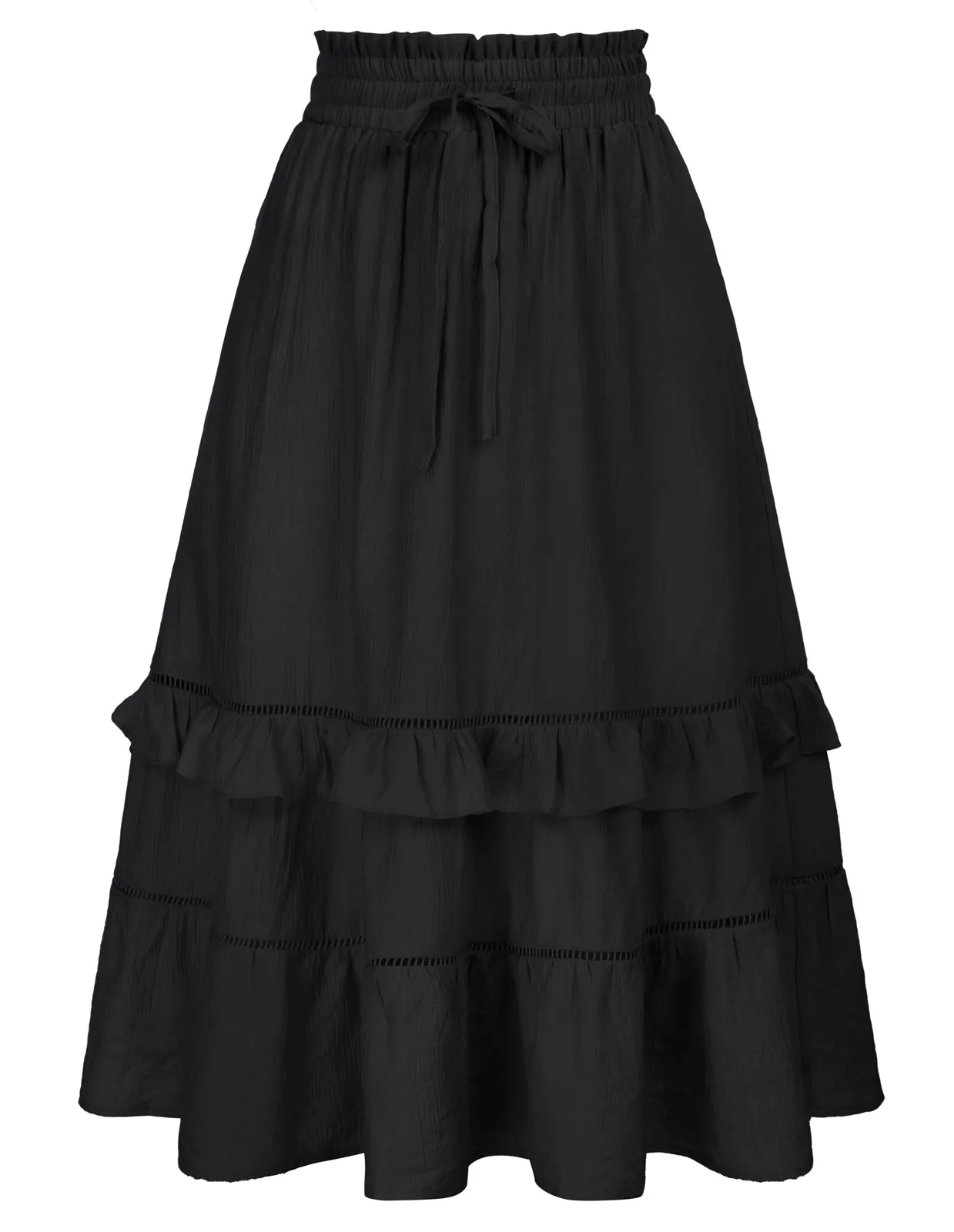 Tiered Midi Skirt Comfy Elastic Drawstring Waist Flared A-Line Skirt