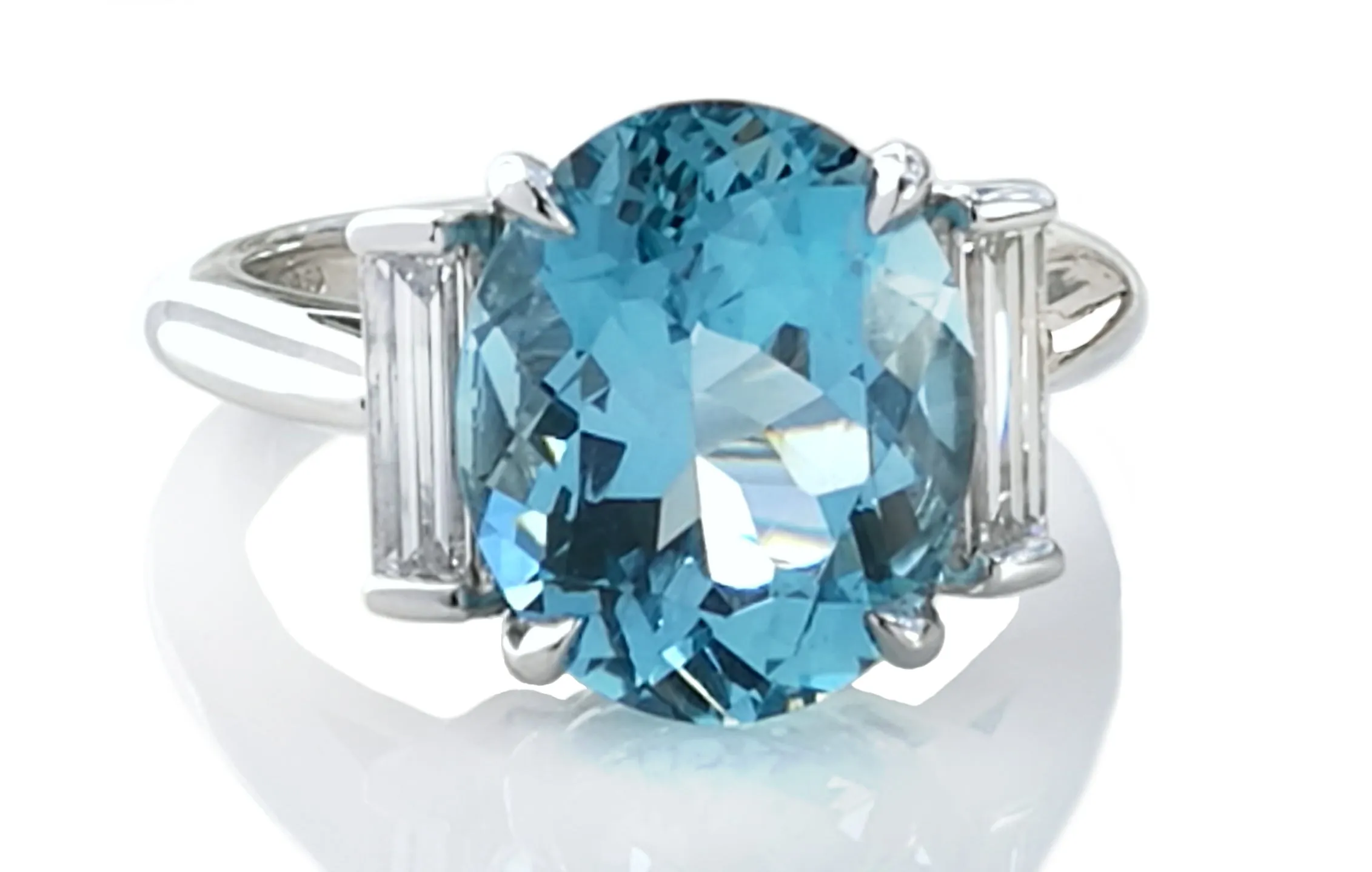 Tiffany & Co. 3-Stone 4.26ct Oval Aquamarine & Baguette Cut Diamond Ring