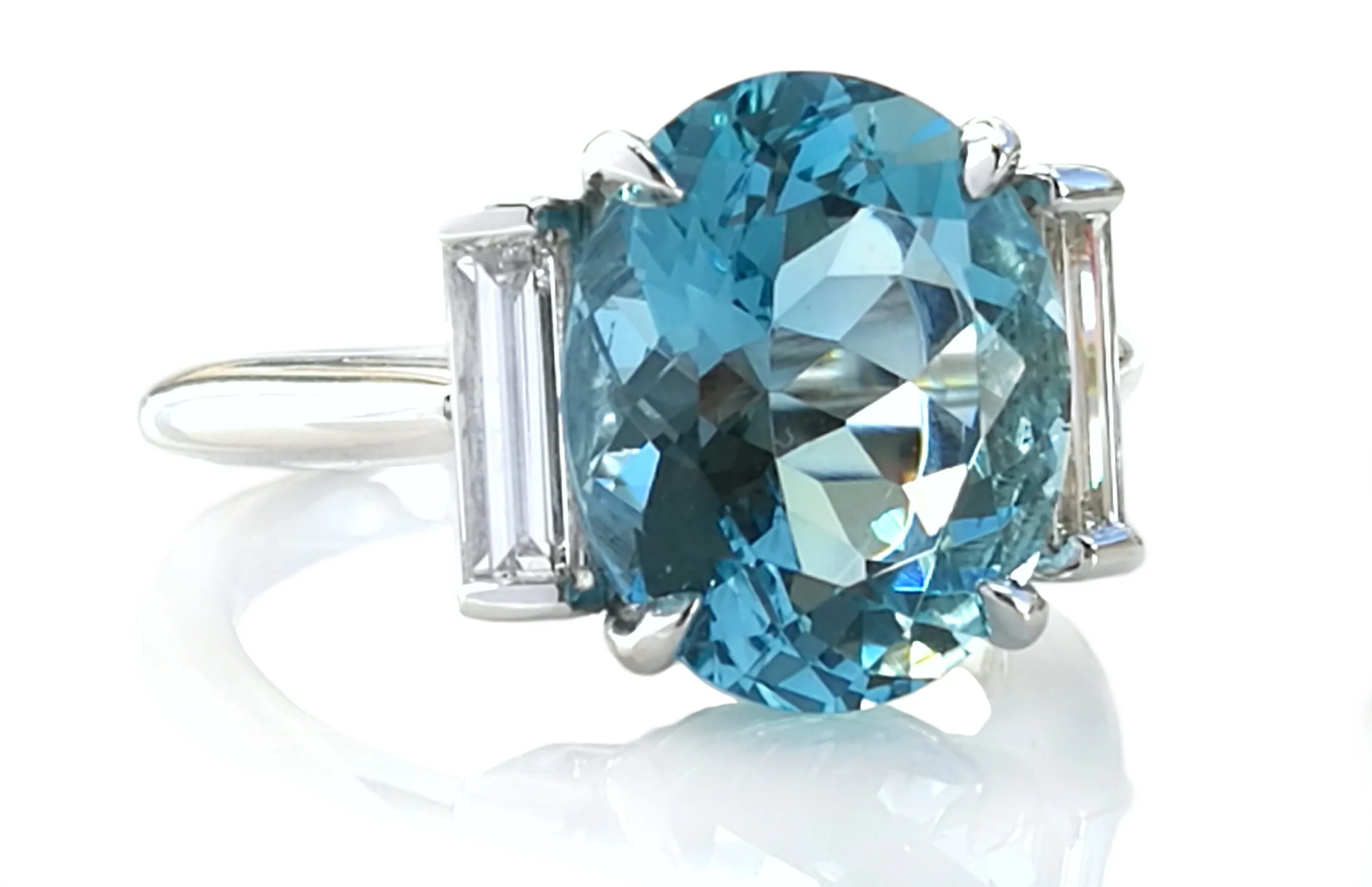 Tiffany & Co. 3-Stone 4.26ct Oval Aquamarine & Baguette Cut Diamond Ring