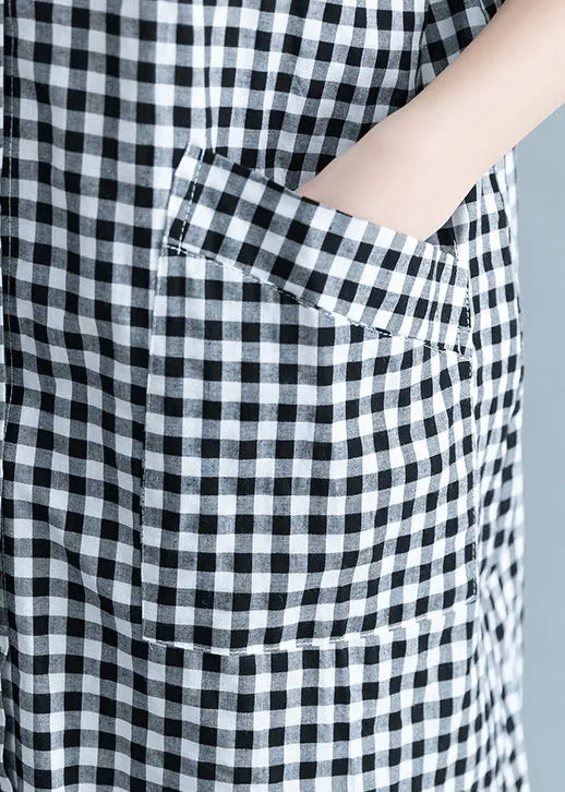 Unique black white plaid cotton linen shirts women stylish lapel pockets oversized Summer shirts