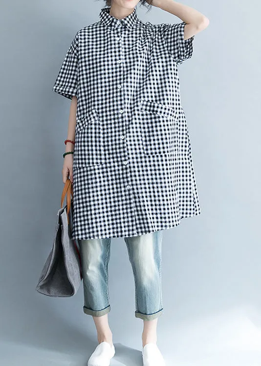 Unique black white plaid cotton linen shirts women stylish lapel pockets oversized Summer shirts