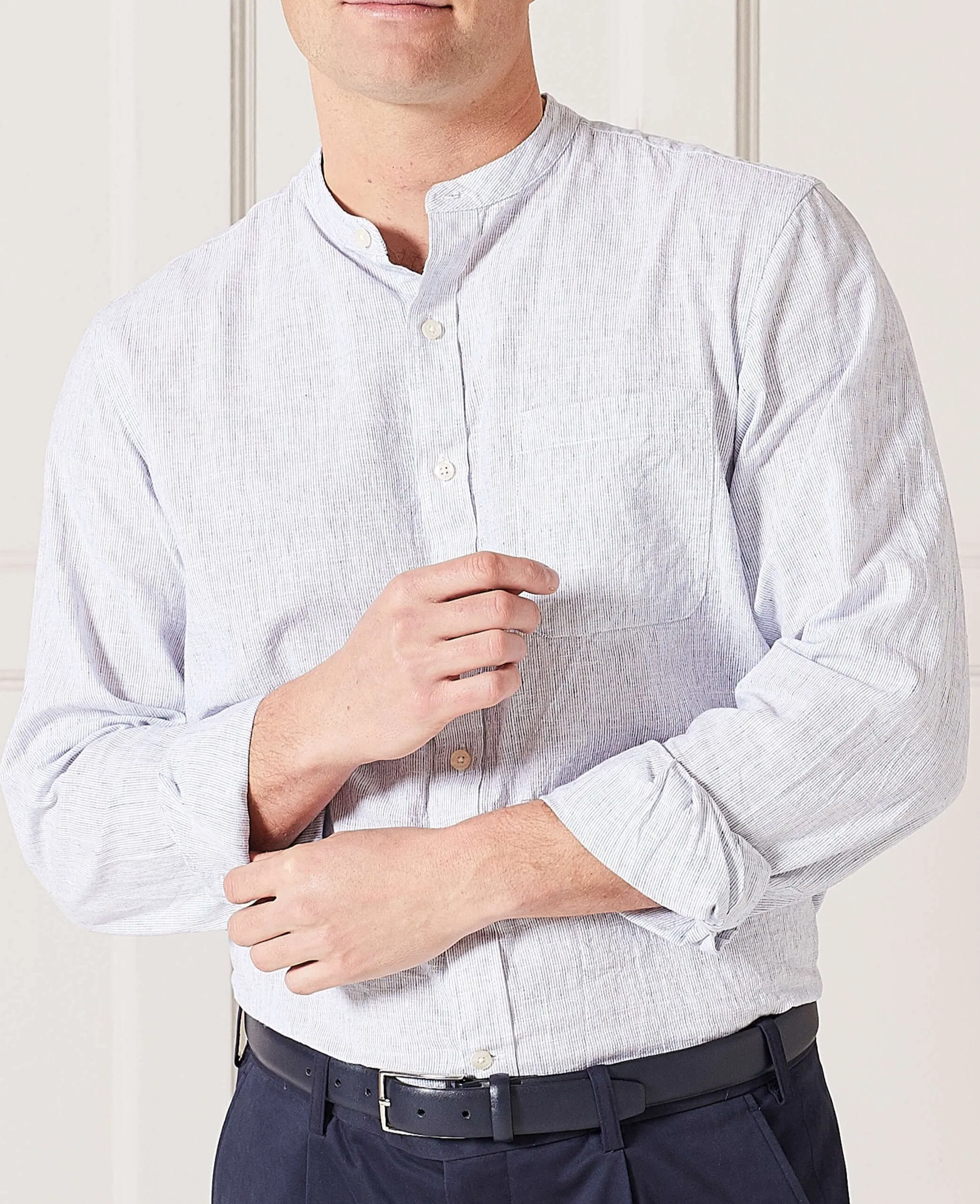 White Navy Stripe Linen-Blend Shirt