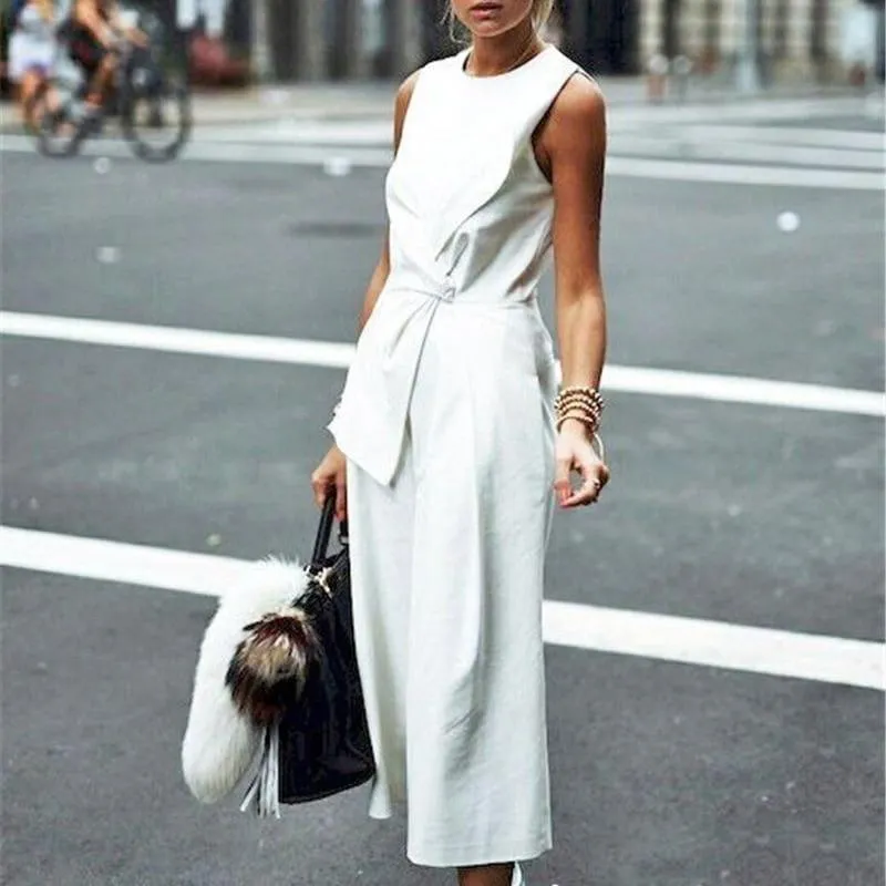 White Sleeveless  Wide Leg High Waist Calf Length Jumpsuits