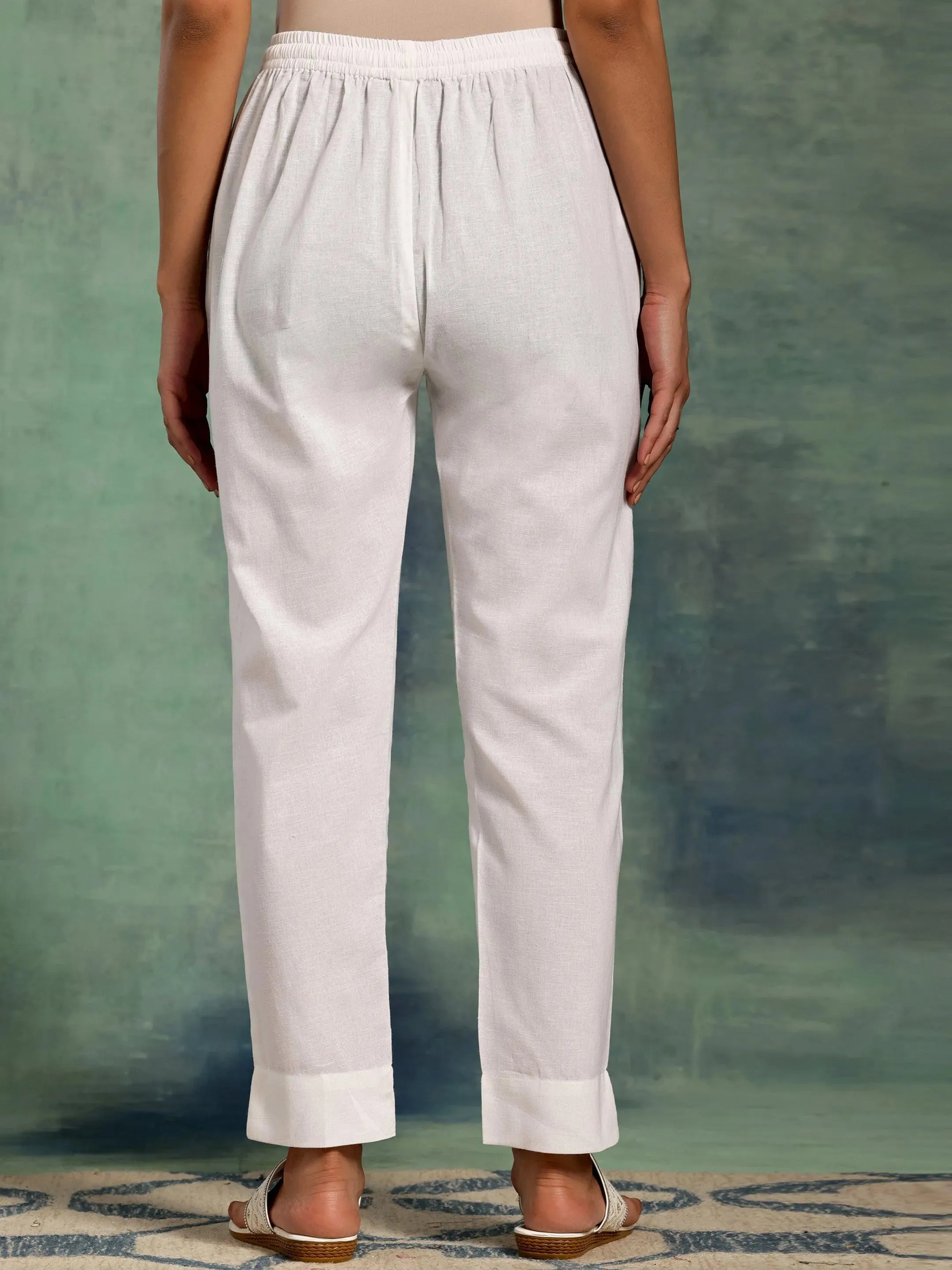 White Solid Cotton Straight Fit Trousers