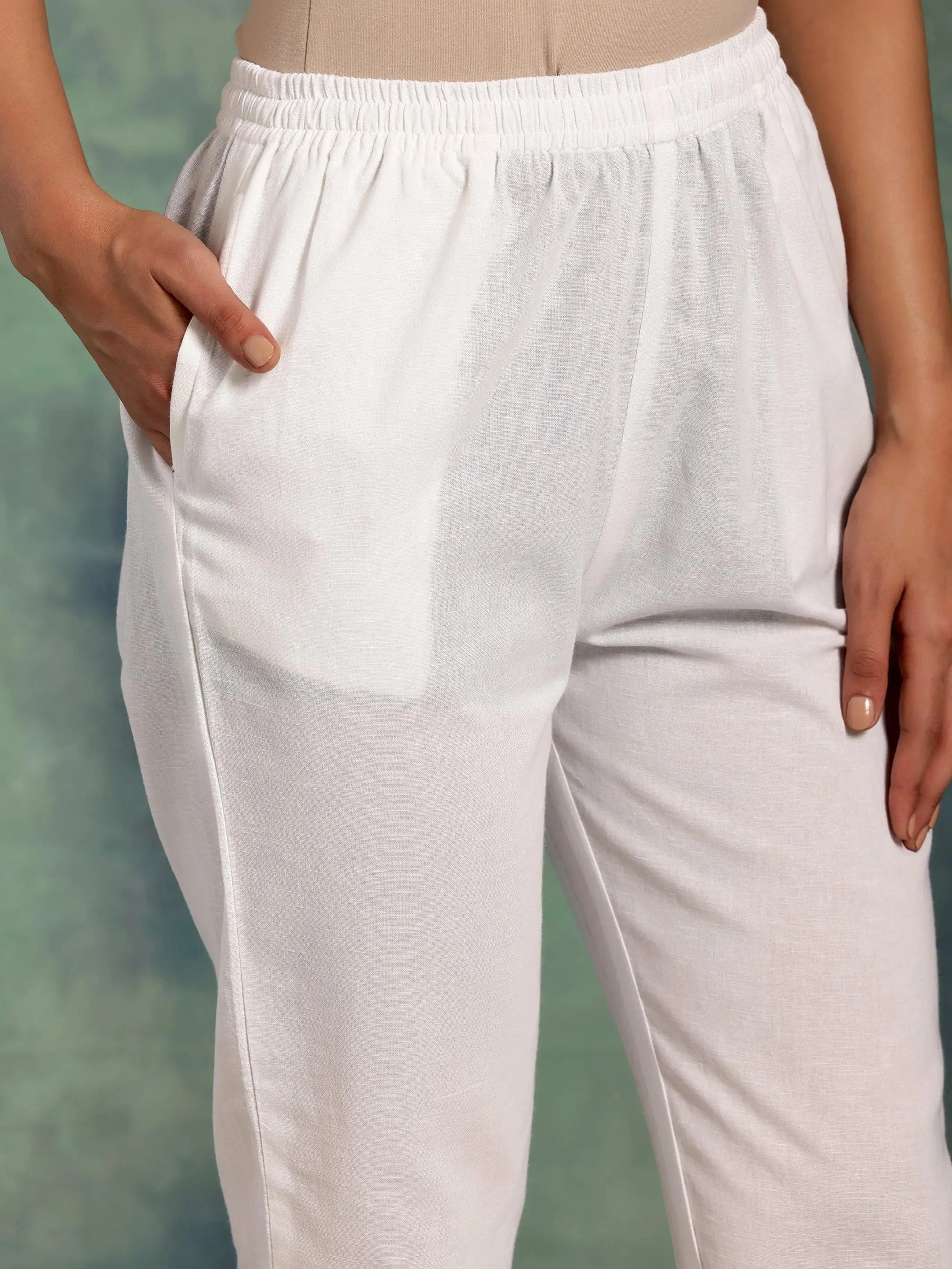 White Solid Cotton Straight Fit Trousers