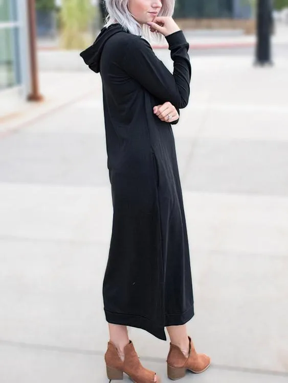 Wholesale Black Pullover Long Sleeve Plain Side Pockets Hooded Slit Maxi Dress