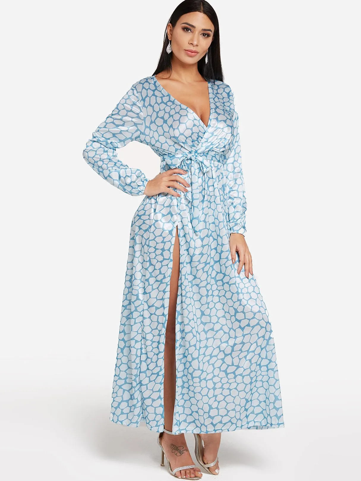 Wholesale Blue V-Neck Long Sleeve Geometrical Self-Tie Slit Hem Maxi Dress