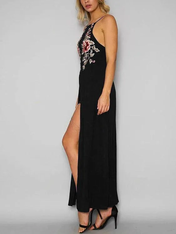 Wholesale Halter Sleeveless Embroidered Zip Back Slit Hem Maxi Dresses