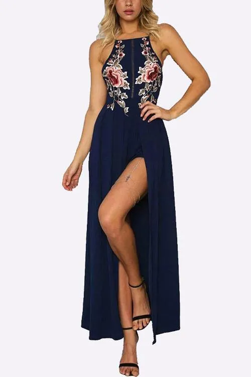 Wholesale Halter Sleeveless Embroidered Zip Back Slit Hem Maxi Dresses