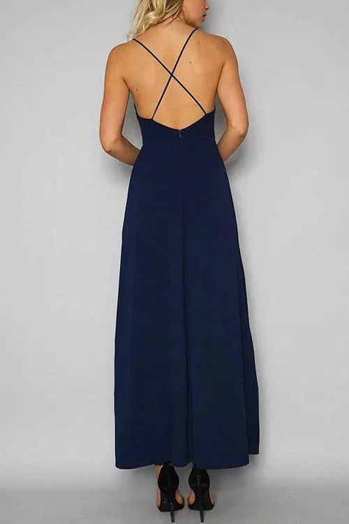 Wholesale Halter Sleeveless Embroidered Zip Back Slit Hem Maxi Dresses