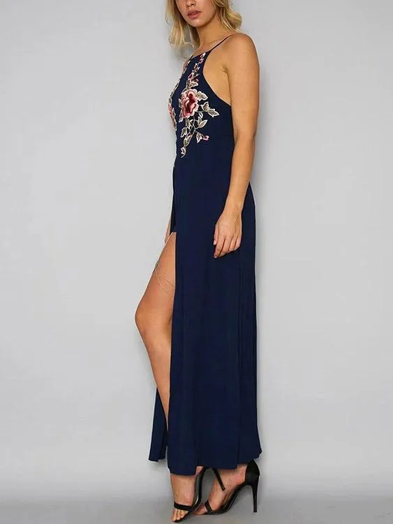 Wholesale Halter Sleeveless Embroidered Zip Back Slit Hem Maxi Dresses