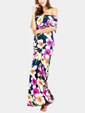 Wholesale Navy Off The Shoulder Sleeveless Tiered Backless Maxi Dress