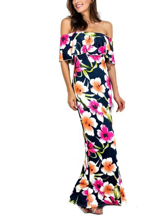 Wholesale Navy Off The Shoulder Sleeveless Tiered Backless Maxi Dress