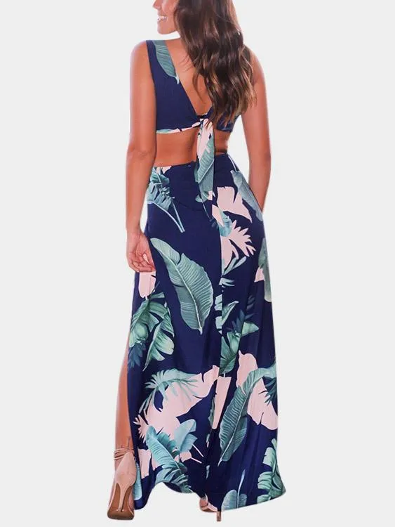 Wholesale Navy V-Neck Sleeveless Floral Print Backless Slit Hem Maxi Dresses