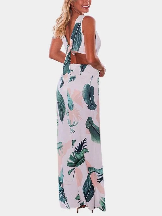 Wholesale Navy V-Neck Sleeveless Floral Print Backless Slit Hem Maxi Dresses