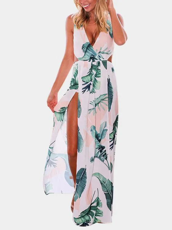 Wholesale Navy V-Neck Sleeveless Floral Print Backless Slit Hem Maxi Dresses