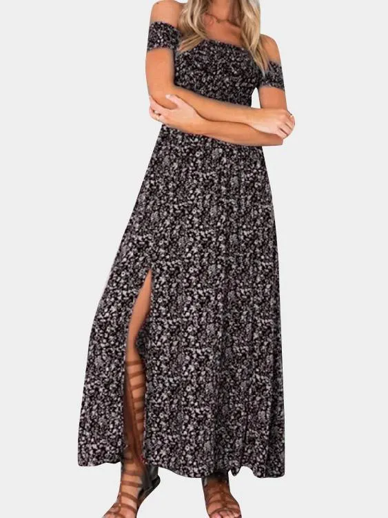 Wholesale Off The Shoulder Short Sleeve Floral Print Slit Hem Maxi Dresses