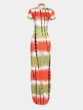 Wholesale Perkins Collar Stripe Backless Maxi Dress