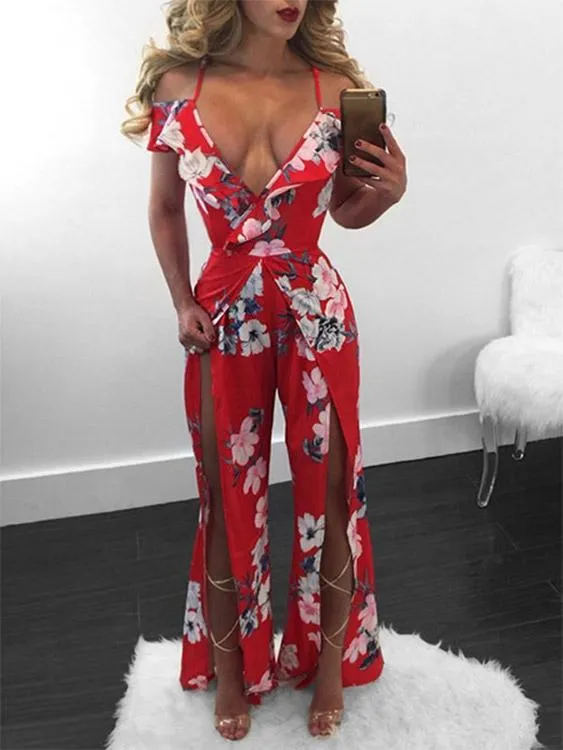 Wholesale Red V-Neck Strapless Short Sleeve Floral Print Slit Hem Maxi Dress