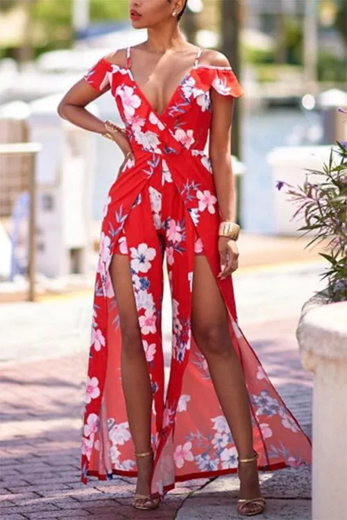 Wholesale Red V-Neck Strapless Short Sleeve Floral Print Slit Hem Maxi Dress