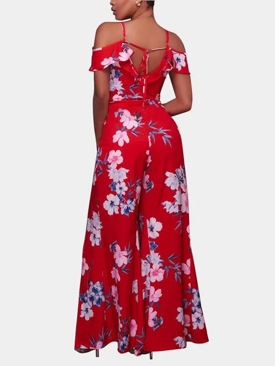 Wholesale Red V-Neck Strapless Short Sleeve Floral Print Slit Hem Maxi Dress