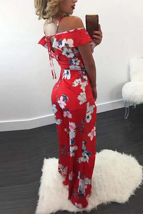 Wholesale Red V-Neck Strapless Short Sleeve Floral Print Slit Hem Maxi Dress