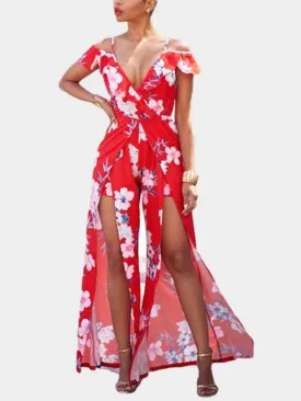 Wholesale Red V-Neck Strapless Short Sleeve Floral Print Slit Hem Maxi Dress