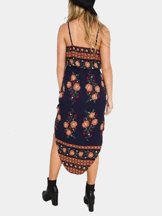 Wholesale Sleeveless Floral Print Curved Hem Maxi Dress