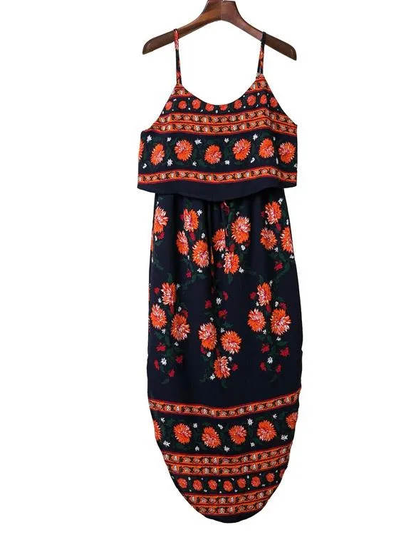 Wholesale Sleeveless Floral Print Curved Hem Maxi Dress