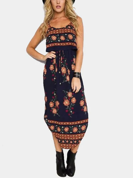 Wholesale Sleeveless Floral Print Curved Hem Maxi Dress