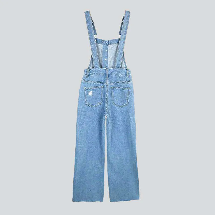 Wide-leg distressed women's denim jumpsuit