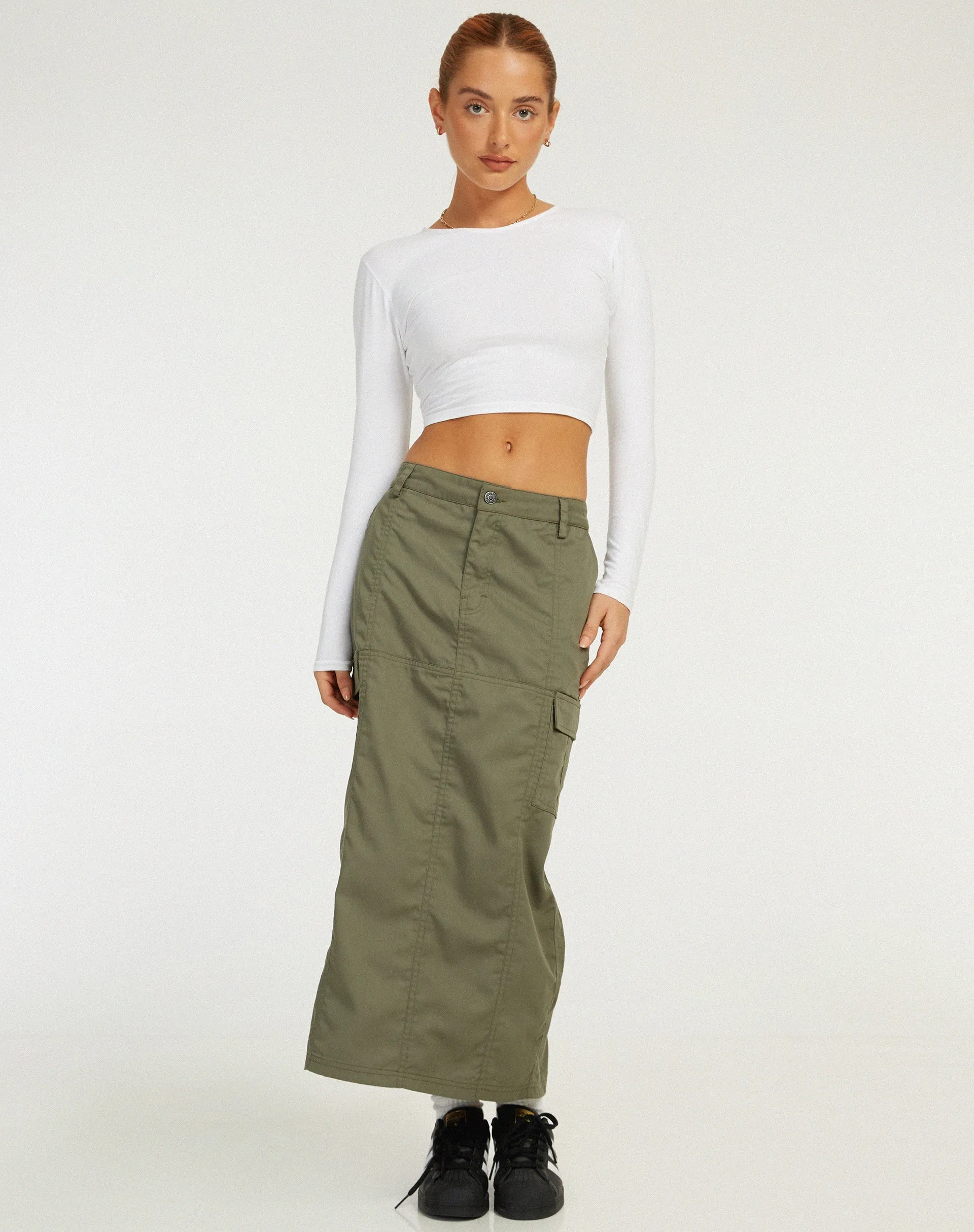 Widya Cargo Midi Skirt in Dark Olive