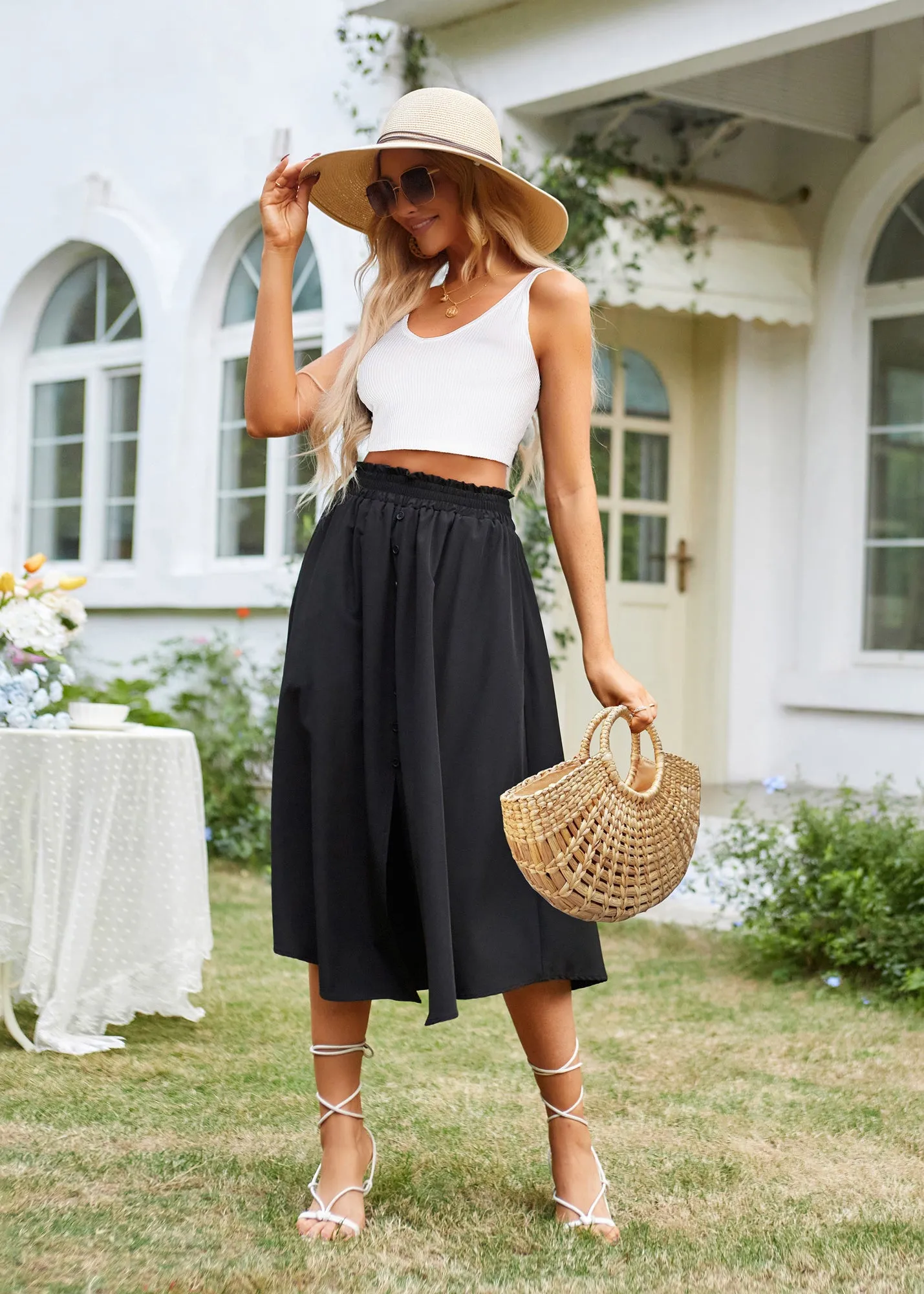 Women Front Slit Skirt High Waist Irregular Hem Below Mid-Calf A-Line Skirt