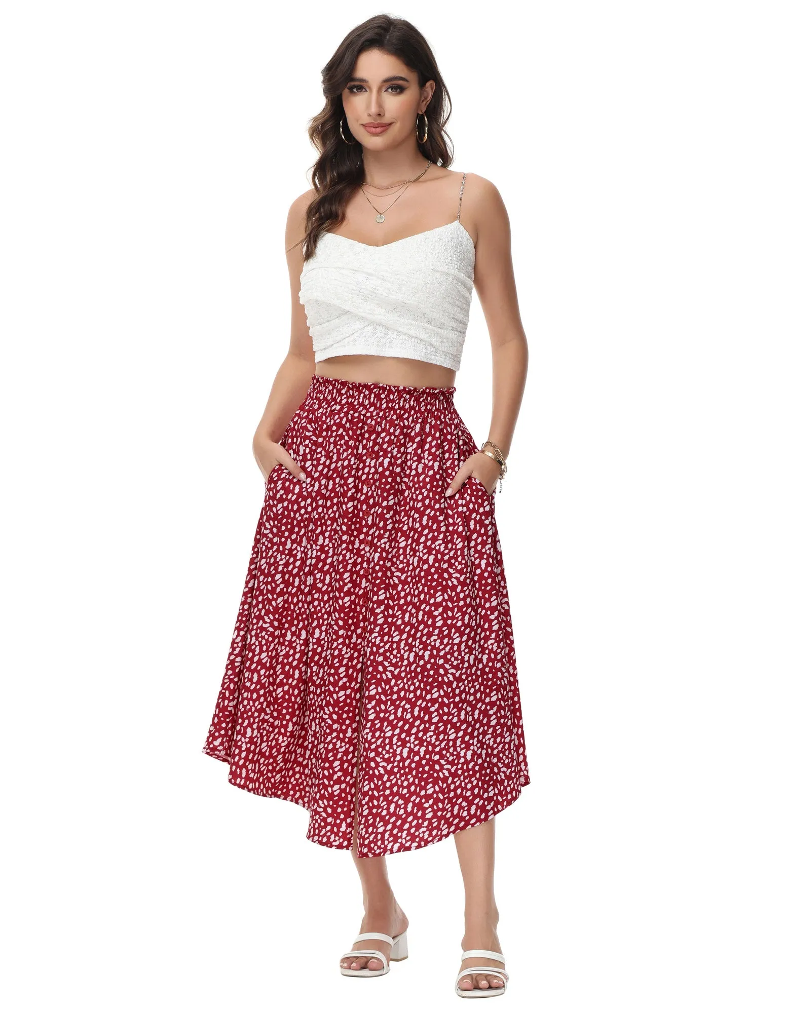 Women Front Slit Skirt High Waist Irregular Hem Below Mid-Calf A-Line Skirt