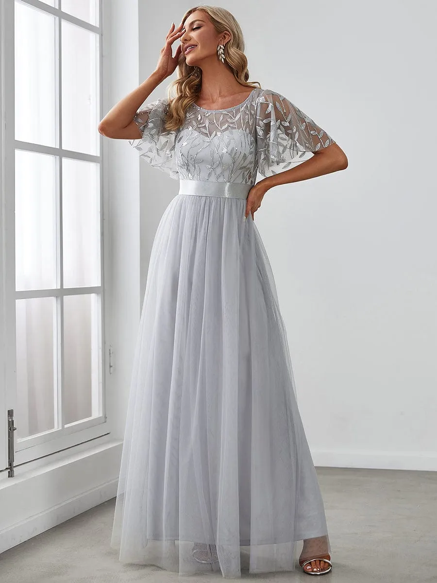 Women's A-Line Short Sleeve Embroidery Floor Length Evening Dresses