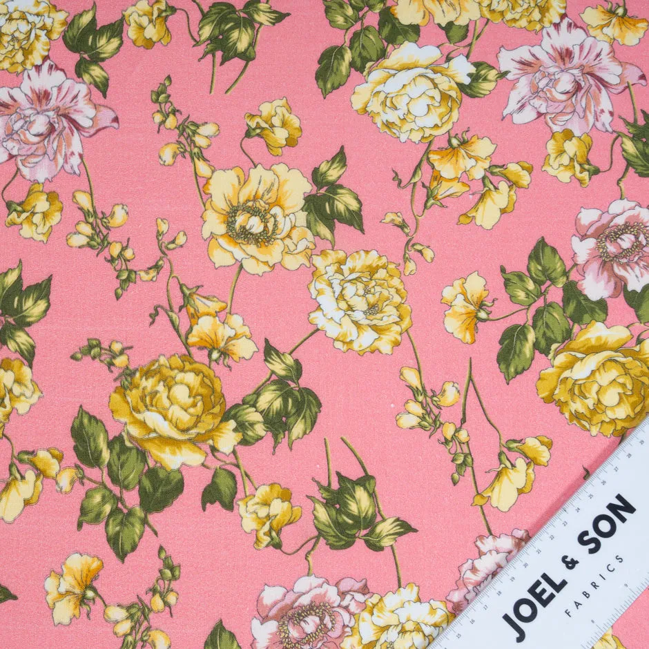 Yellow Floral Printed Candy Pink Pure Linen